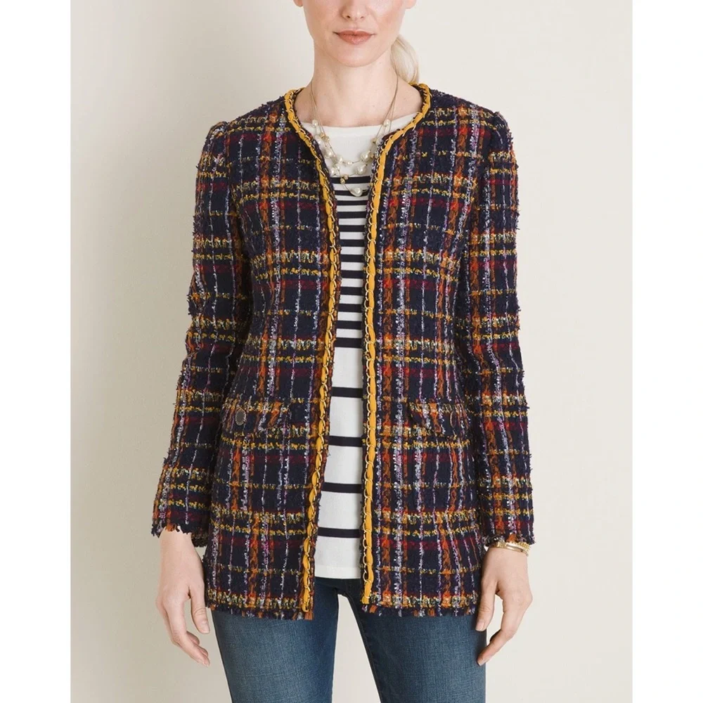 Chico’s Multicolor Plaid Bouclé Tweed Open Front Casual Statement Blazer Jacket